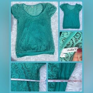 😘 Studio Y Teal lace overlapping shirt underneath 
Sz. M
Great for dressing Up.